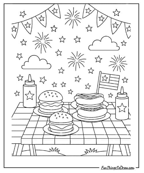 Picnic Table With Burgers and Hot dogs coloring page