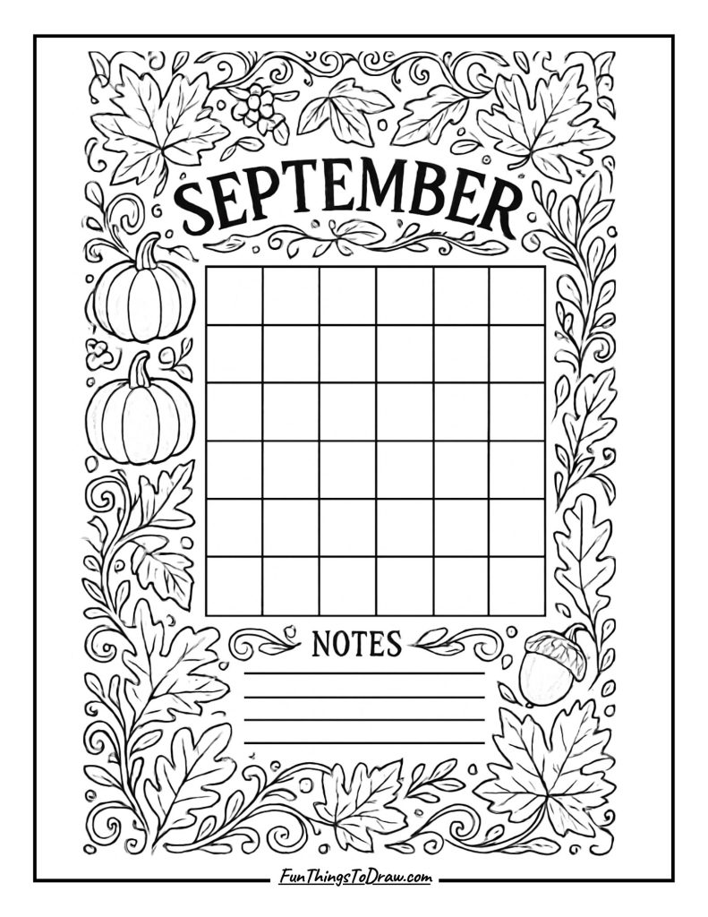 September Calendar coloring sheet