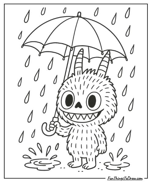 Labubu with an umbrella in the rain coloring page