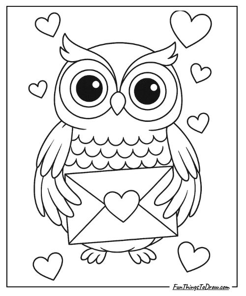 Owl holding a love letter coloring page