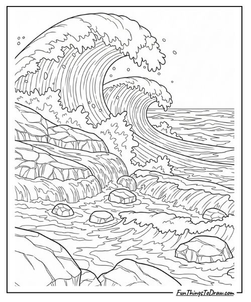Waves crashing on rocks coloring page