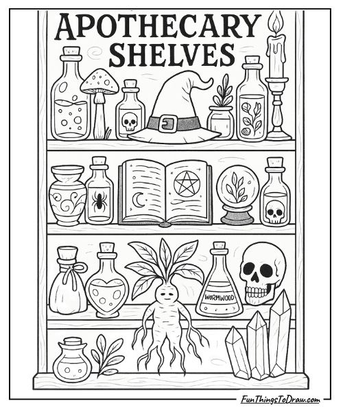 Witch’s Apothecary Shelves Coloring Page for Adults