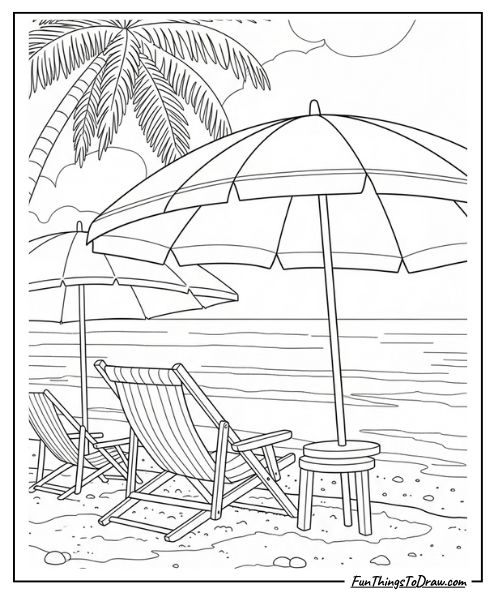 Beach scene with umbrellas and chairs coloring page