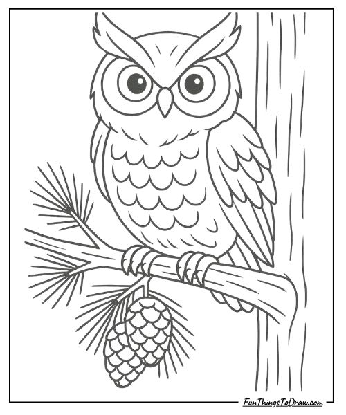 Screech owl on a pine branch coloring page