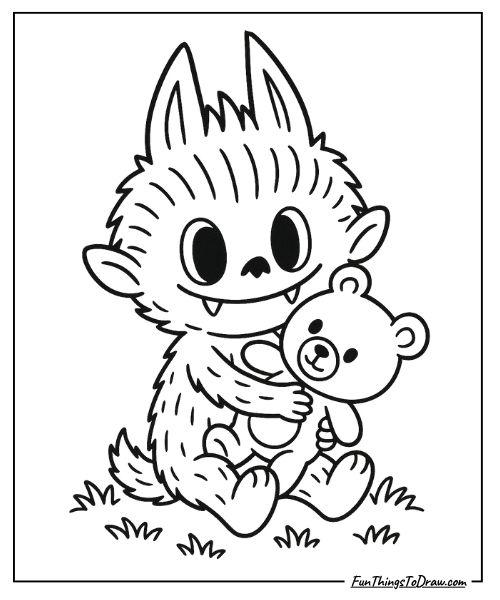 Labubu hugging a teddy bear coloring page