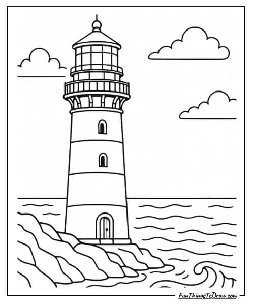 Lighthouse by ocean coloring page