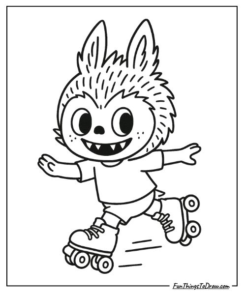 Labubu wearing roller skates coloring page