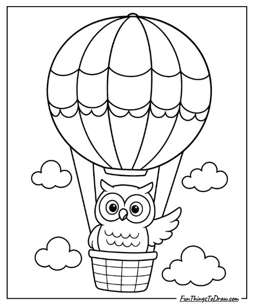 Owl in a hot air balloon coloring sheet