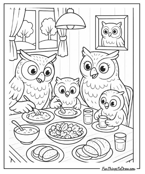 Owl family having dinner coloring page
