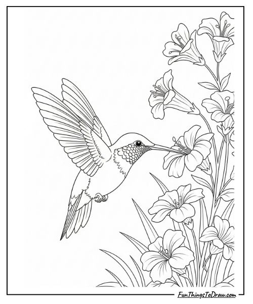 Hummingbird feeding from flowers coloring page