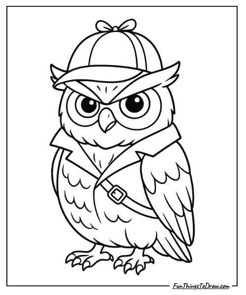 Owl wearing a detective hat coloring page