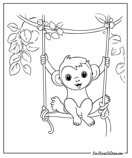 Monkey on tree swing coloring page