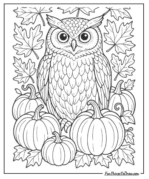 Owl surrounded by autumn pumpkins coloring page