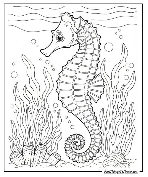 Seahorse among seaweed coloring page