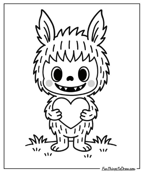 Labubu holding a heart coloring page