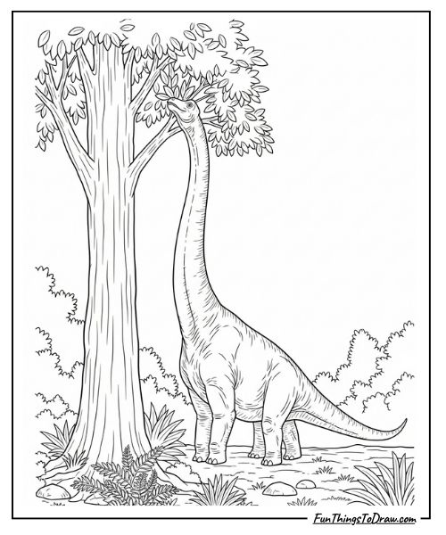 Long-necked Brachiosaurus reaching for tree leaves coloring page