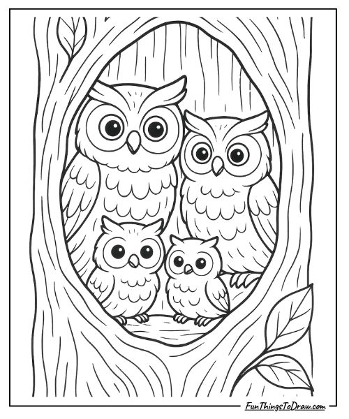 Owl family in a tree hollow coloring page