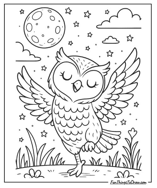 Owl dancing under the moonlight coloring page
