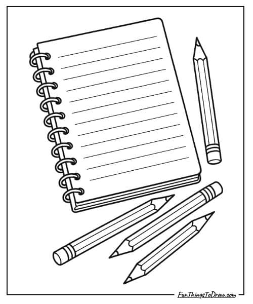Notebook and pencils coloring sheet