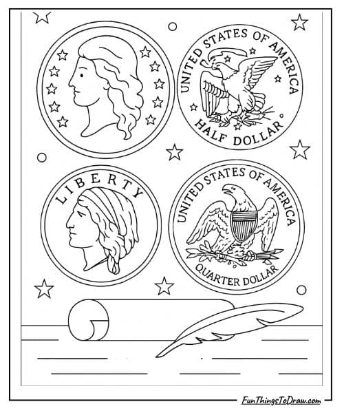 Historic American coin designs coloring page