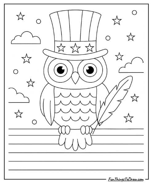 Owl Wearing Uncle Sam Hat coloring sheet