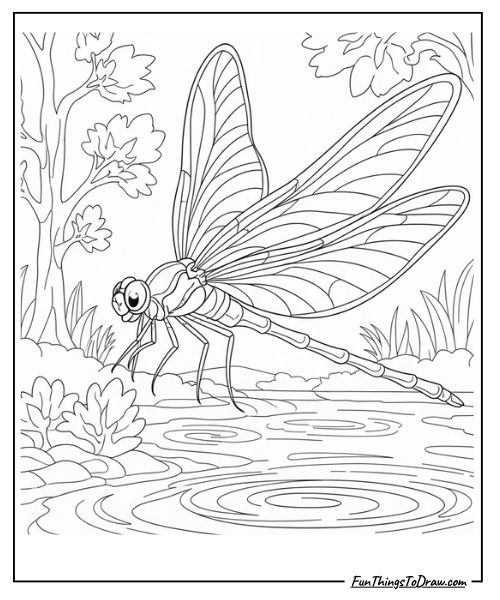 Dragonfly over pond coloring page