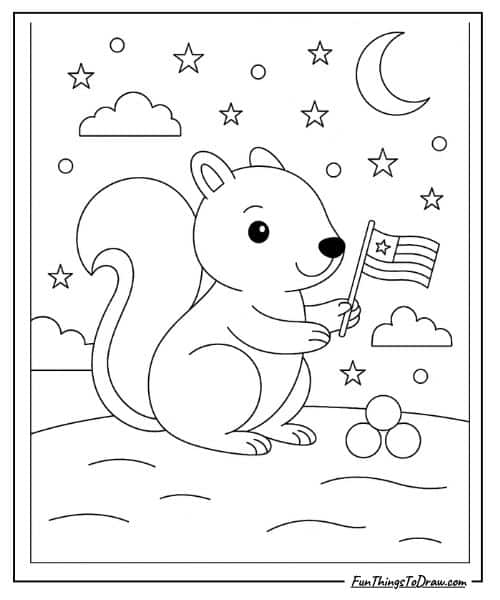 Squirrel With Tiny Flag Coloring Page