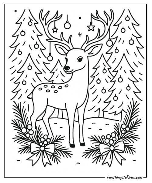 Deer in a festive forest coloring page