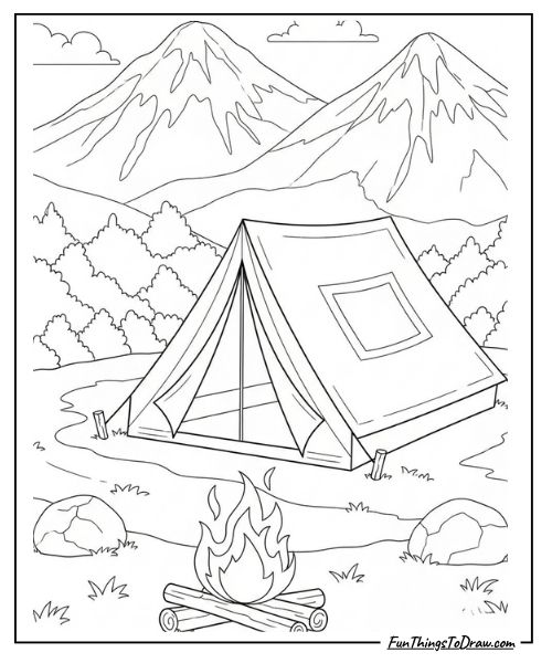 Camping scene with tent and fire coloring page