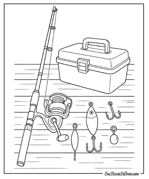 Fishing rod and tackle coloring page