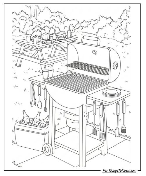 Outdoor barbecue setup coloring page
