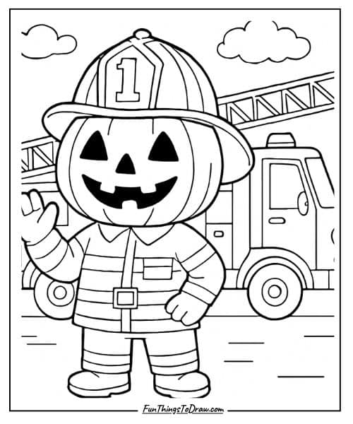 Firefighter Pumpkin Coloring Page