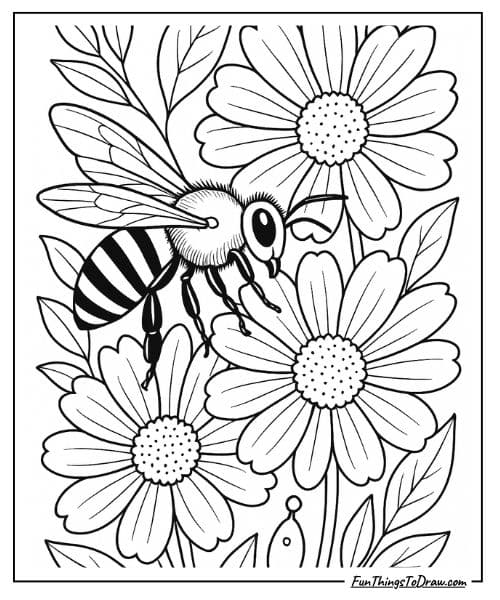 Bee pollinating flowers coloring page