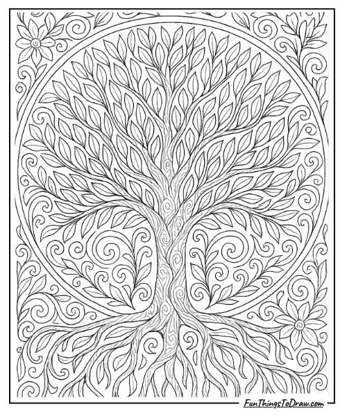 Detailed Tree of Life Designs advanced Coloring page for adults 