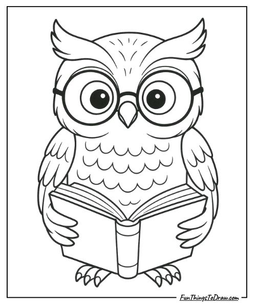 Owl wearing glasses reading a book coloring page