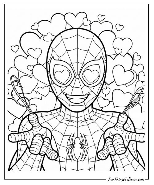 Smiling Spider-Man with Heart Background coloring page