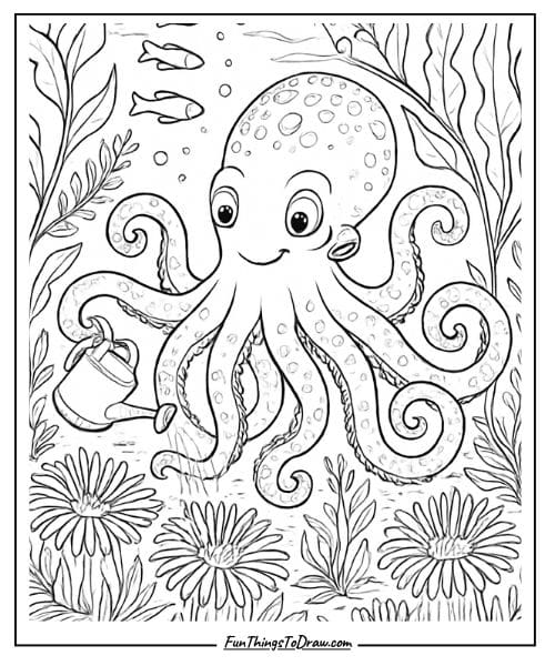 Octopus in garden coloring page