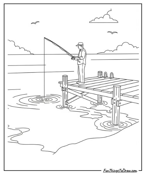 Fishing from dock coloring page