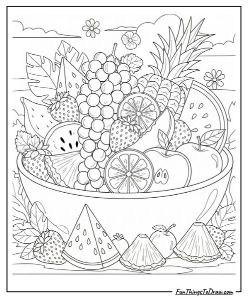 Fresh fruit salad bowl coloring page