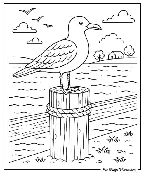 Seagull on pier coloring page