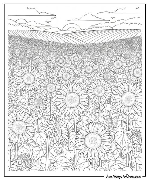 Sunflower field landscape coloring page