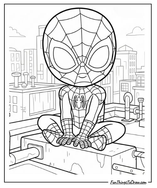Cute Spider-Man Sitting on a Rooftop coloring page