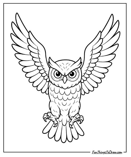 Owl flying with wings spread wide coloring page