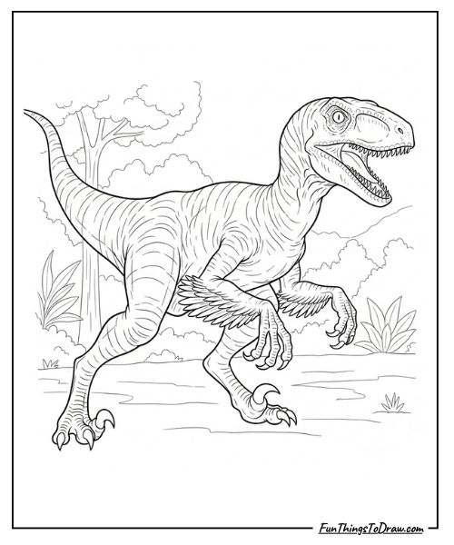 Velociraptor in hunting pose coloring page