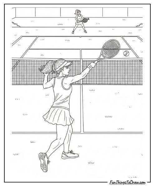 Tennis court action scene coloring page