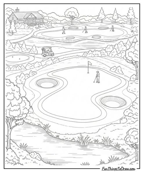 Golf course landscape coloring page