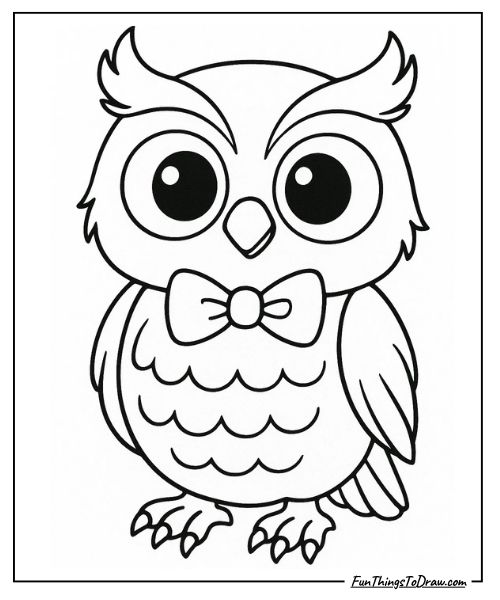 Cute cartoon owl with a bow tie coloring page