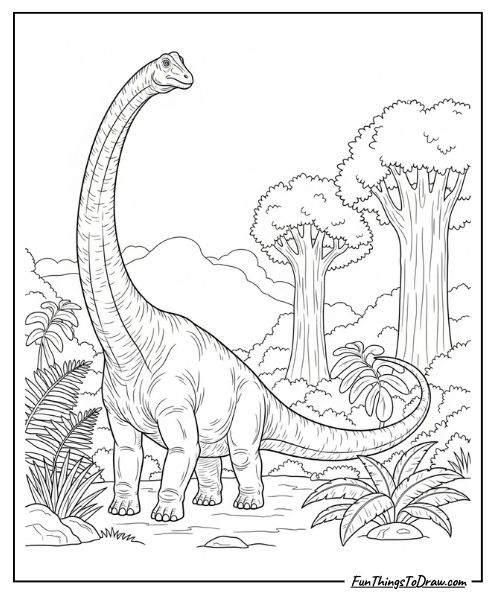 Diplodocus with extremely long tail and neck coloring page