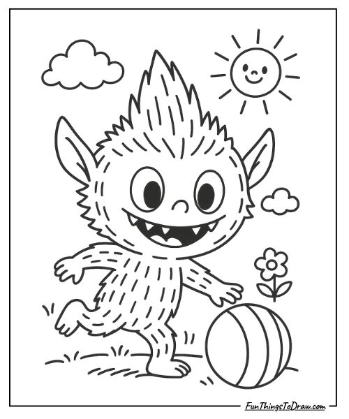 Labubu playing with a ball coloring page