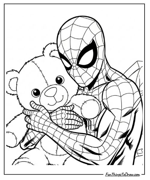 Spider-Man Hugging a Teddy Bear coloring page